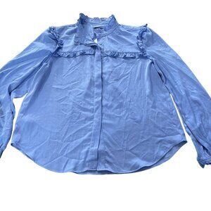 NWT Ann Taylor Shirt Womens Medium Blue Button Up Ruffle Trim Long Sleeve Top M